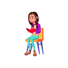 smiling youth girl reading interesting book in waiting room cartoon vector. smiling youth girl reading interesting book in waiting room character. isolated flat cartoon illustration