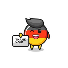 the mascot of the germany flag badge holding a banner that says thank you