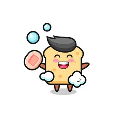 bread character is bathing while holding soap