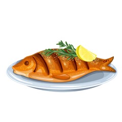 Grilled fish with rosemary and lemon on a plate. Whole roast dorado vector illustration.