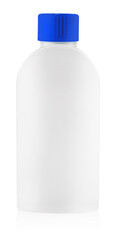 white plastic bottle with blue cover on white background