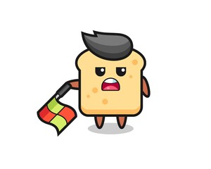 bread character as line judge hold the flag down at a 45 degree angle