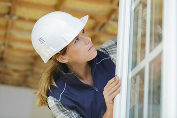 female builder is checking a window
