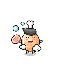 fried chicken character is bathing while holding soap