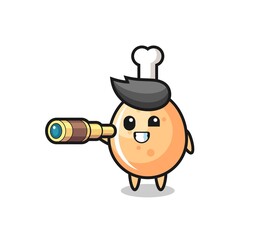 cute fried chicken character is holding an old telescope