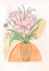 Watercolor boho flowers a in vase.Collection of tropical bouquets .leaves bouquets, Boho wedding.