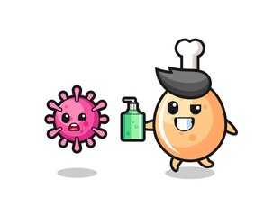 illustration of fried chicken character chasing evil virus with hand sanitizer