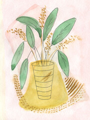 Watercolor boho flowers a in vase.Collection of tropical bouquets .leaves bouquets, Boho wedding.