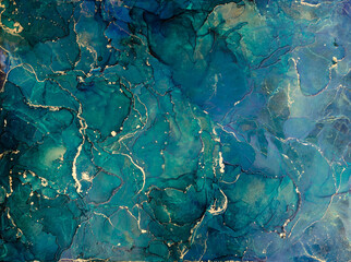 Gemstone malachite . Ink, paint, abstract. Luxury Alcohol ink modern abstract painting with golden...