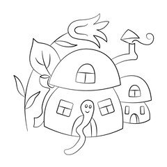 Outline mushroom worm house for coloring pages. Cartoon cozy cottage village with a flower. Hand-drawn vector, line art. Nature, forest, summer and autumn. Child illustration. Education, preschool.