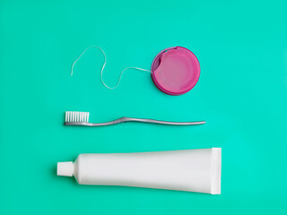 toothbrush, dental floss, toothpaste on a blue background. a set for dental care, oral hygiene, caries prevention. cleaning your teeth
