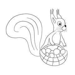 Outline baby squirrel with a basket of mushrooms for coloring pages. Forest cute animal. Cartoon character, hand-drawn vector, line art. For children, development, kindergarten, preschool education.
