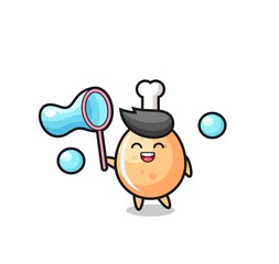 happy fried chicken cartoon playing soap bubble
