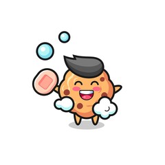 chocolate chip cookie character is bathing while holding soap