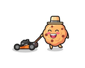 illustration of the chocolate chip cookie character using lawn mower