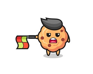 chocolate chip cookie character as line judge hold the flag straight horizontally