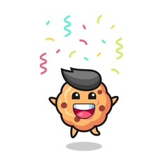 happy chocolate chip cookie mascot jumping for congratulation with colour confetti
