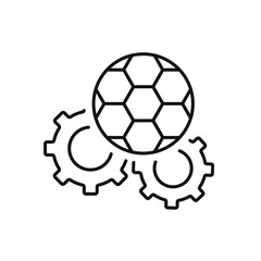 Fototapeta na wymiar Soccer ball with gears linear icon. Football. Thin line customizable illustration. Contour symbol. Vector isolated outline drawing. Editable stroke