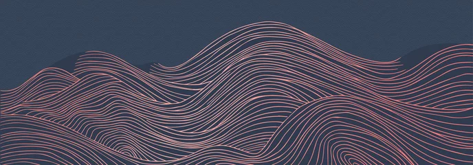 Gordijnen vector abstract japanese style landscapes orange lined waves and dark blue background © Анна Удод