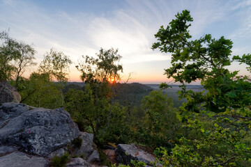 Foggy sunrise on the hills of the  Fontainebleau forest. Trois Pignons area