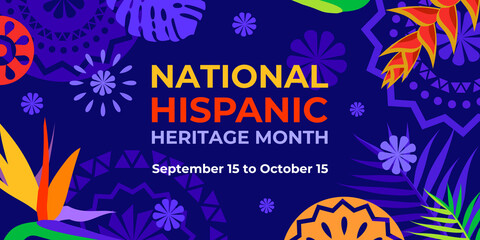 Hispanic heritage month. Vector web banner, poster, card for social media, networks. Greeting with national Hispanic heritage month text, Papel Picado pattern, tropical plants on purple background. - Powered by Adobe