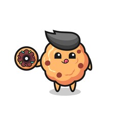 illustration of an chocolate chip cookie character eating a doughnut