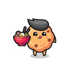 Obraz premium cute chocolate chip cookie character eating noodles