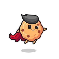cute chocolate chip cookie superhero character is flying