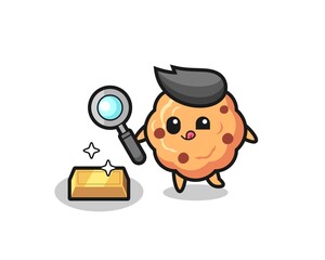 chocolate chip cookie character is checking the authenticity of the gold bullion