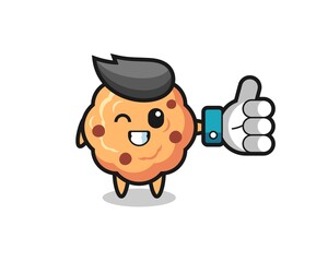 cute chocolate chip cookie with social media thumbs up symbol