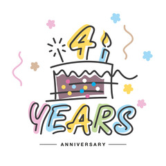 4 Years Anniversary handwritten typography lettering Greeting card with colorful big cake, sparkle firework, number, candle and confetti