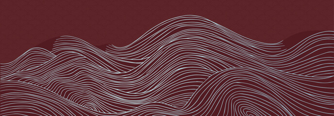 vector abstract japanese style landscapes blue lined waves in dark orange background