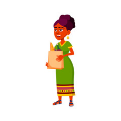 indian woman with food bag in grocery shop cartoon vector. indian woman with food bag in grocery shop character. isolated flat cartoon illustration