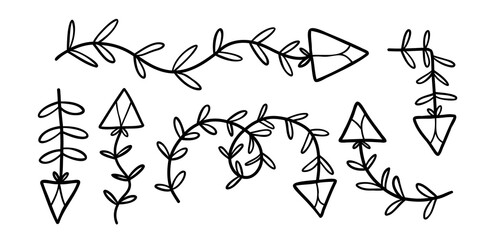 set of doodle arrows stylized with flowers and plants. hand drawn arrows isolated on white background. Beautiful fully editable business design element.