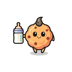 baby chocolate chip cookie cartoon character with milk bottle