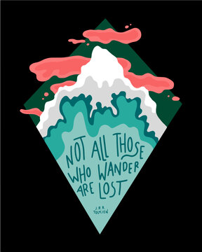 An abstract landscape of a mountain peak with the words: Not all those who wander are lost by J.R. Tolkien.  