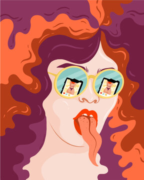 A person with glasses and a long tongue. in the glasses there is a reflection of a smartphone with a social media account.
