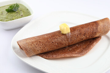 Ragi Dosa or finger millet grain. with mint chutney, SouthIndian healthy breakfast