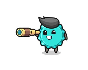 cute bottle cap character is holding an old telescope