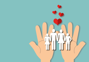 Hand holding a paper family and red heart on blue background, Family love, warmth, unity, oneness, care, protection, concept family. paper cut style.