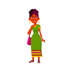 attractive indian lady walking with bag in jeweler store cartoon vector. attractive indian lady walking with bag in jeweler store character. isolated flat cartoon illustration