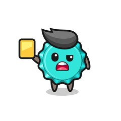 cartoon bottle cap character as a football referee giving a yellow card