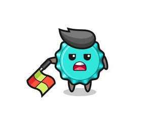 bottle cap character as line judge hold the flag down at a 45 degree angle