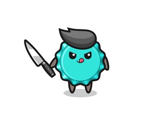 cute bottle cap mascot as a psychopath holding a knife