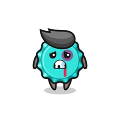 injured bottle cap character with a bruised face