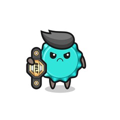 bottle cap mascot character as a MMA fighter with the champion belt