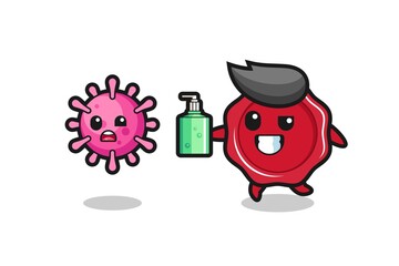 illustration of sealing wax character chasing evil virus with hand sanitizer