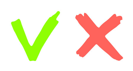 Green check mark and red X cross vector illustration. Checkmark vector icons. Green tick and red x cross check marks. Grungy hand drawn style. Accepted and rejected symbols. Yes and no flat signs