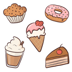 Set of delicious colorful sweet desserts and cappuccino. Muffin, cake, donut, ice cream and coffee. Vector illustration isolated on white background.