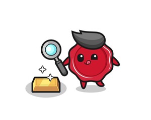 Fototapeta premium sealing wax character is checking the authenticity of the gold bullion